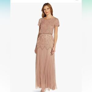 Adrianna Papell Boat Neck embellished mesh blouson tan evening formal dress sz 6
